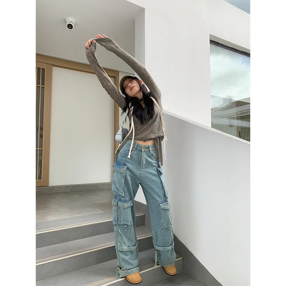 Y2KtrendWomen'S American Vintage Jeans, Wide Leg, Straight Tube, Loose Pants, Street, Heavy Industry, Multi Pocket Work Trousers