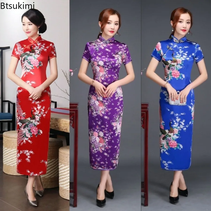 New Women Plus Size Satin Floral Print Long Qipao Sexy Elegant Traditional Chinese Short Sleeve High Slit Party Performance Gown