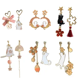 Asymmetric Funny Cute Bunny Animal Star Moon Cat Stud Earrings for Women Enamel Rabbit Pink Sakura Flower Long Pendant Earrings