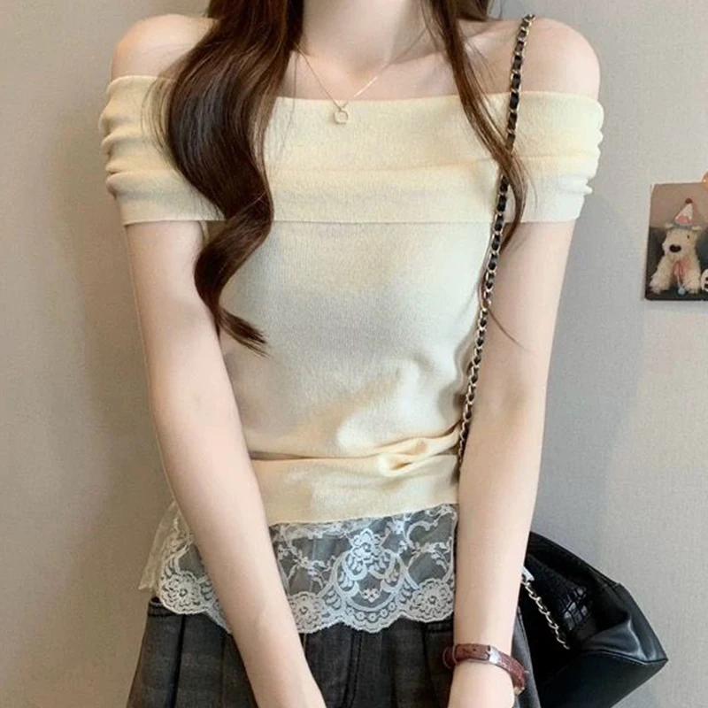 

Fashion Casual Sexy Off-Shoulder Lace Slim Fit Knitted T-Shirt For Women