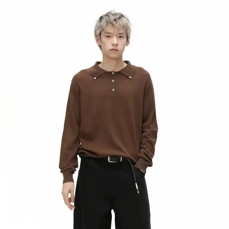 

Осень 2200, корейский нишевый дизайн, мужские свитера с отложным воротником, однотонные вязаные топы, пуловер, свободные мужские вязаные топы