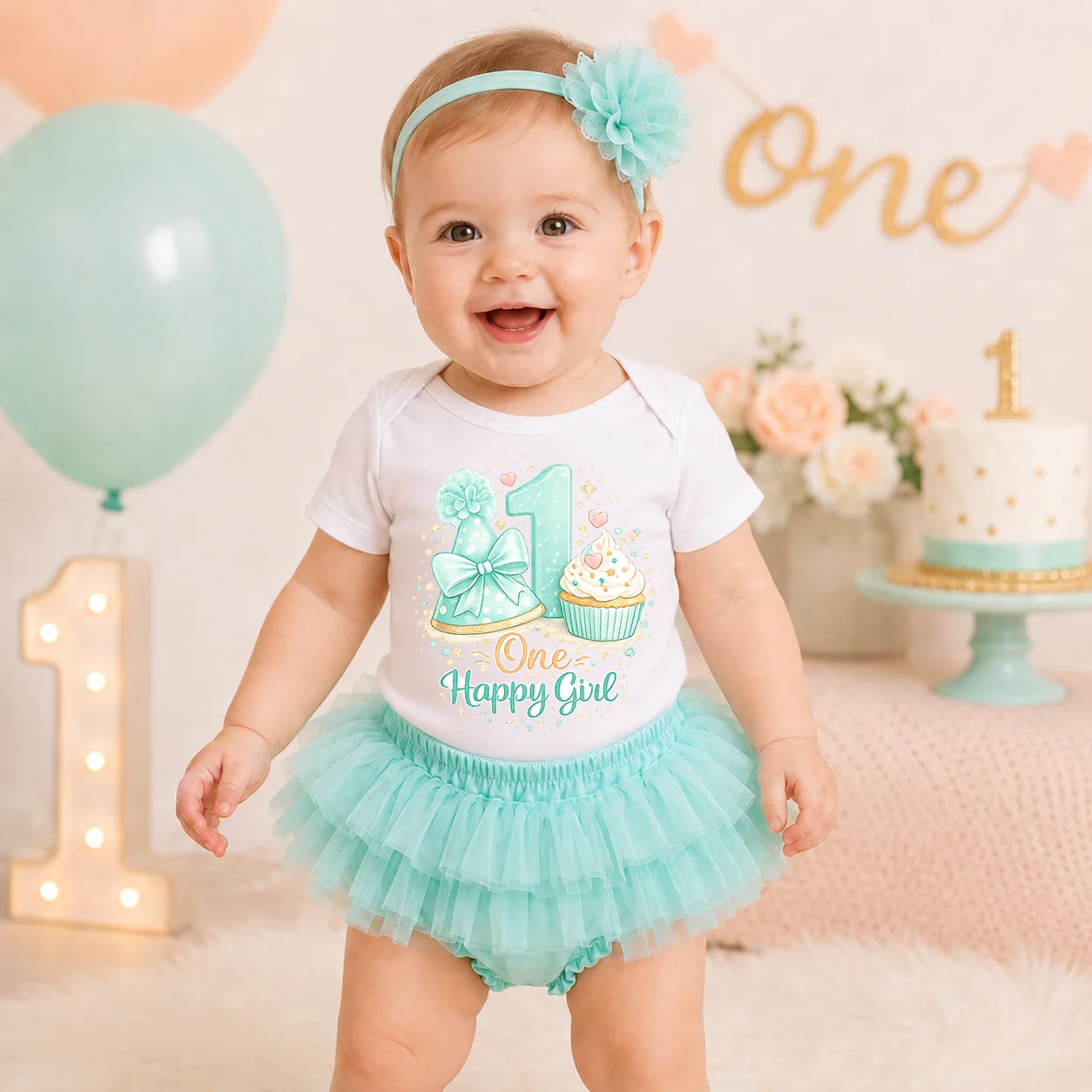Baby Girls 1st Birthday Outfit Set Mint Tutu Skirt Headband Onesie Bodysuit Happy One Birthday Clothes Party Costume