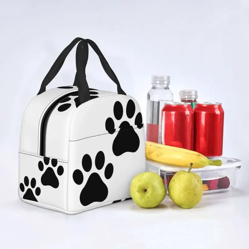 Boîtes à lunch réutilisables à imprimé patte de chien noir pour femmes, sac isotherme étanche, sac isotherme pour enfants, écoliers