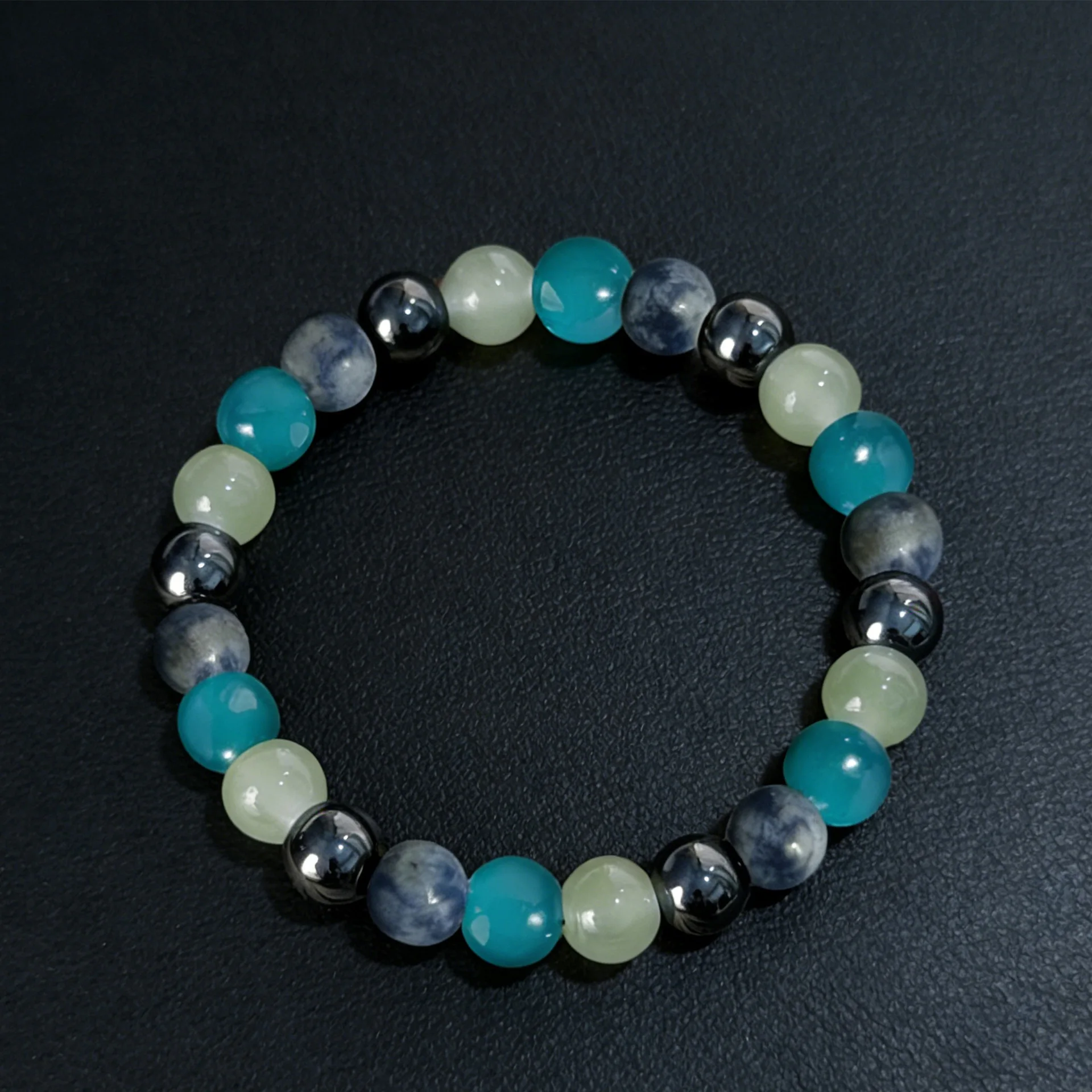 Chinese Style 8mm Blue Lace Agate Hematite Beaded Bracelet Lucky Fortune Blessing Stress Relief Calming Anxiety Spiritual Healin