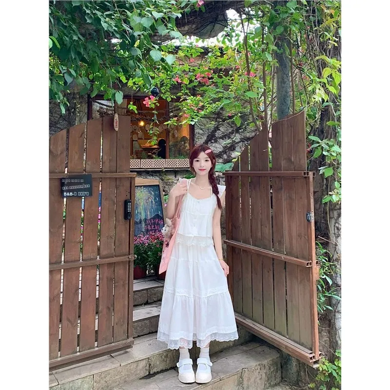 

Spring Pure Cotton Embroidered Gentle White Lace Trim Cake Skirt High Waist Full A-Line Midi Skirt f Body Skirt