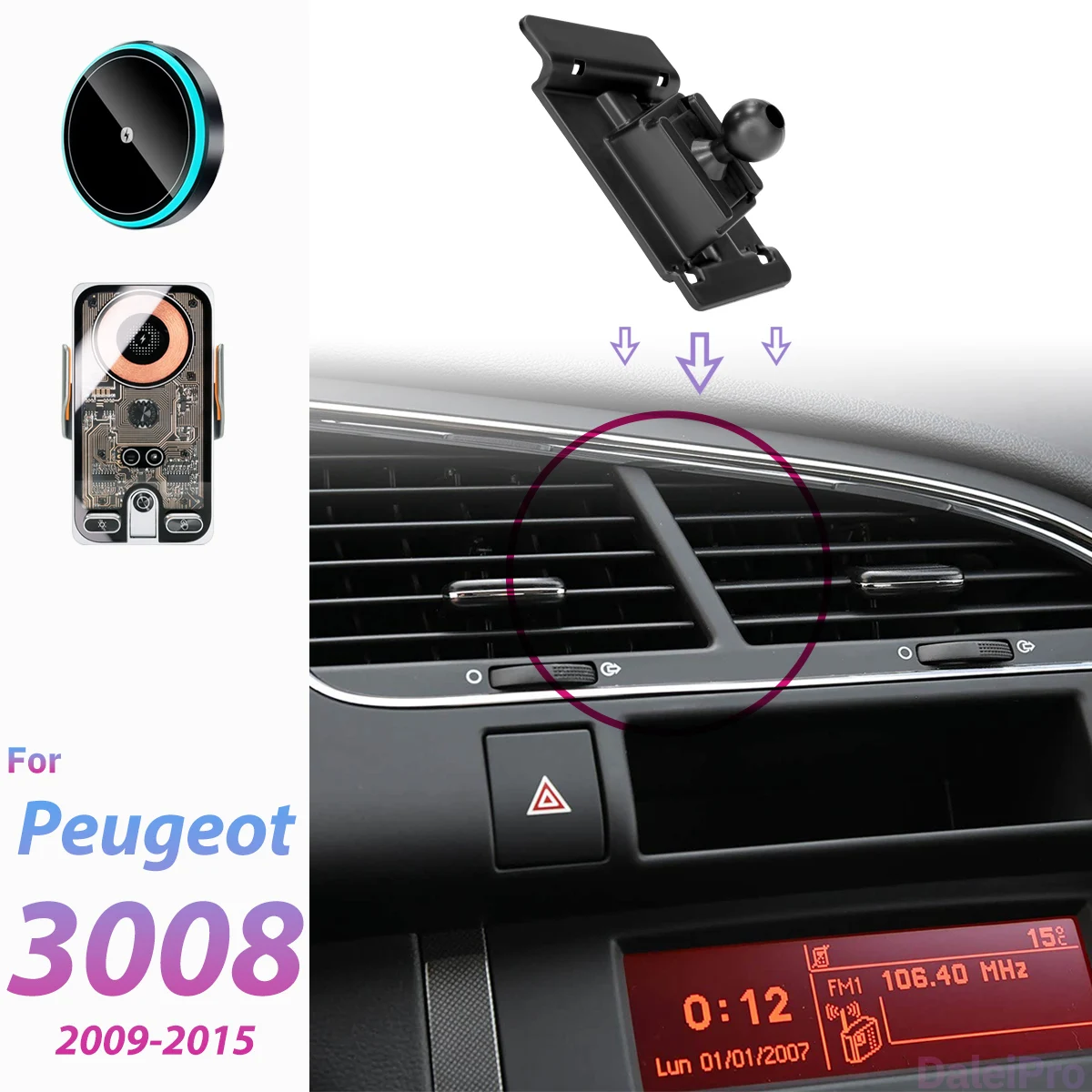 Für Peugeot 3008 2009 2010 2011-2015 Auto-Handyhalterung mit Kabelloser Ladestation und Automatischer Klemmung, Starker Magnetischer Halter mit Basis