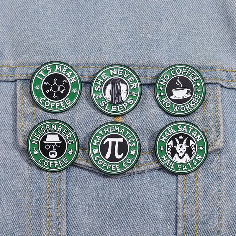 Green Coffee Series Enamel Pins Sad Girls Club Jurassic Coffee Cat Movies Metal Brooches Lapel Badge Jewelry Gifts For Friends