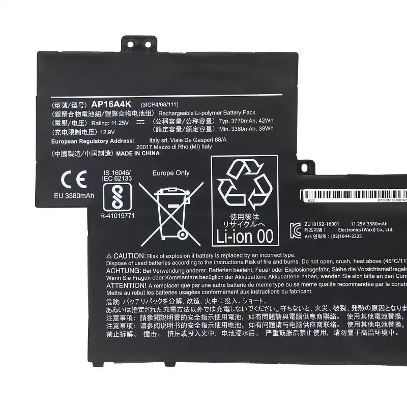 AP16A4K Replacement Laptop Battery for Acer Swift 1 SF113-31 N17P2 N16Q9 KT.00304.003 3ICP4/68/111 11.25V 42Wh/3770mAh 3 Cells