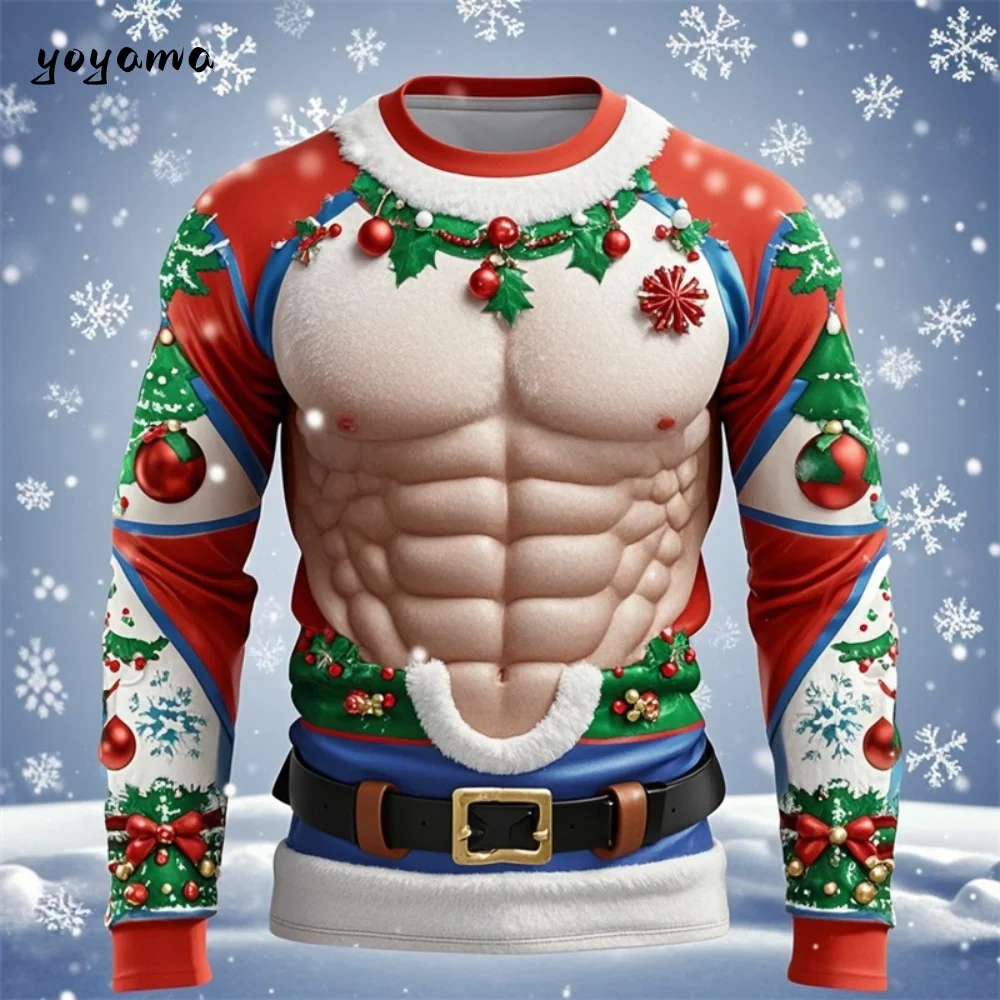 Funny Ugly Santa Claus Fake Muscles 3D Print T-shirts Xmas Men Women Long Sleeve Tees Fashion Oversized Christmas Men's Clothing