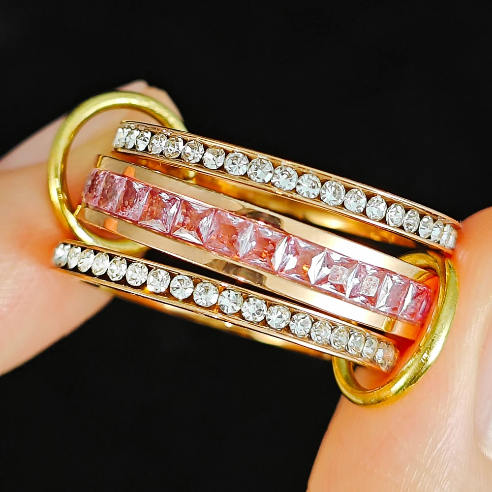 Anillo Spinelli de circonita rosa de acero inoxidable, tres piezas de lujo INS, nuevos anillos de Color oro rosa, conjunto de joyería para dedo para mujer
