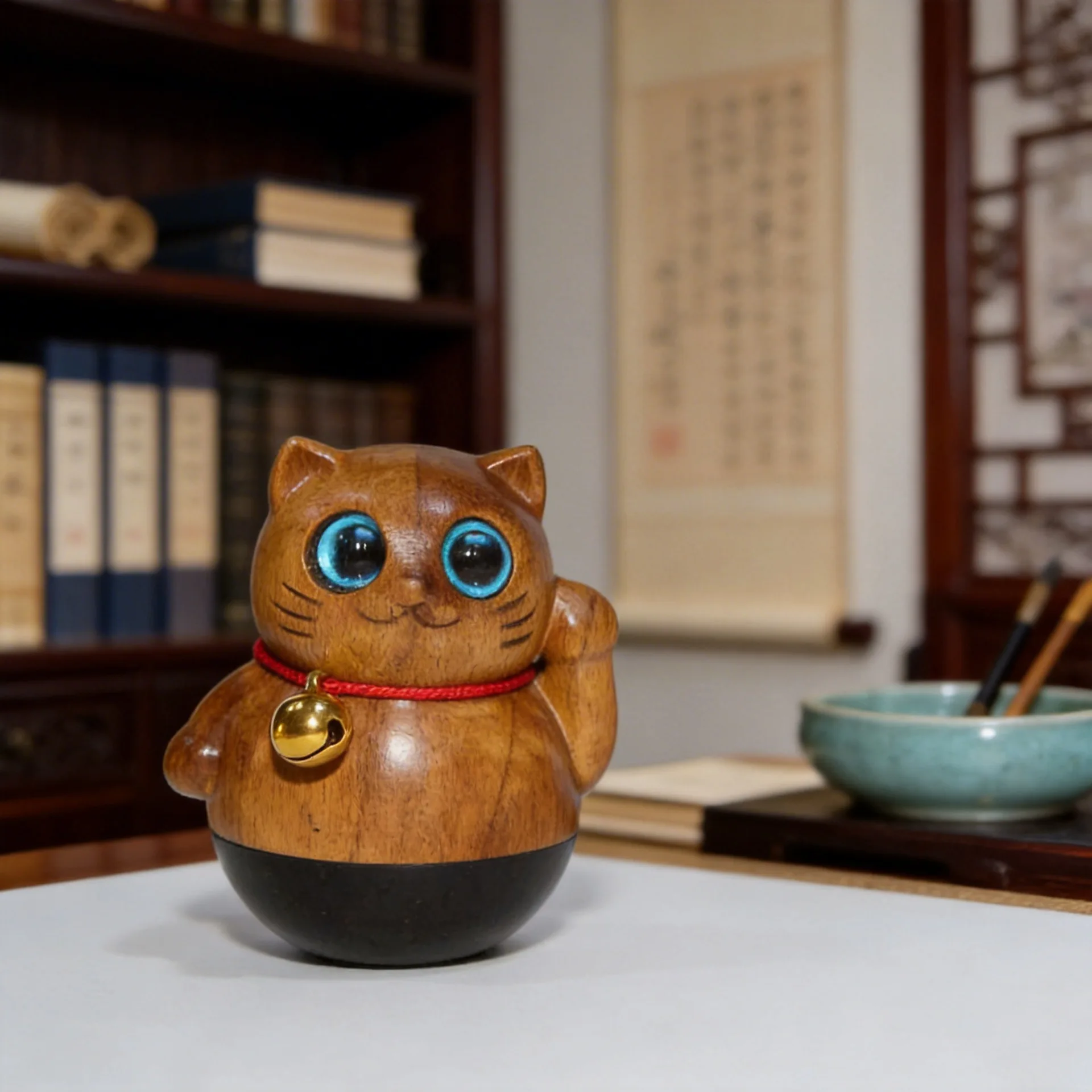 Golden Nanmu Tumbler Wealth Cat Figurine With Bell Fashion DIY Cat Eye Decor Collectible Craft Jewelry Accessory Gift