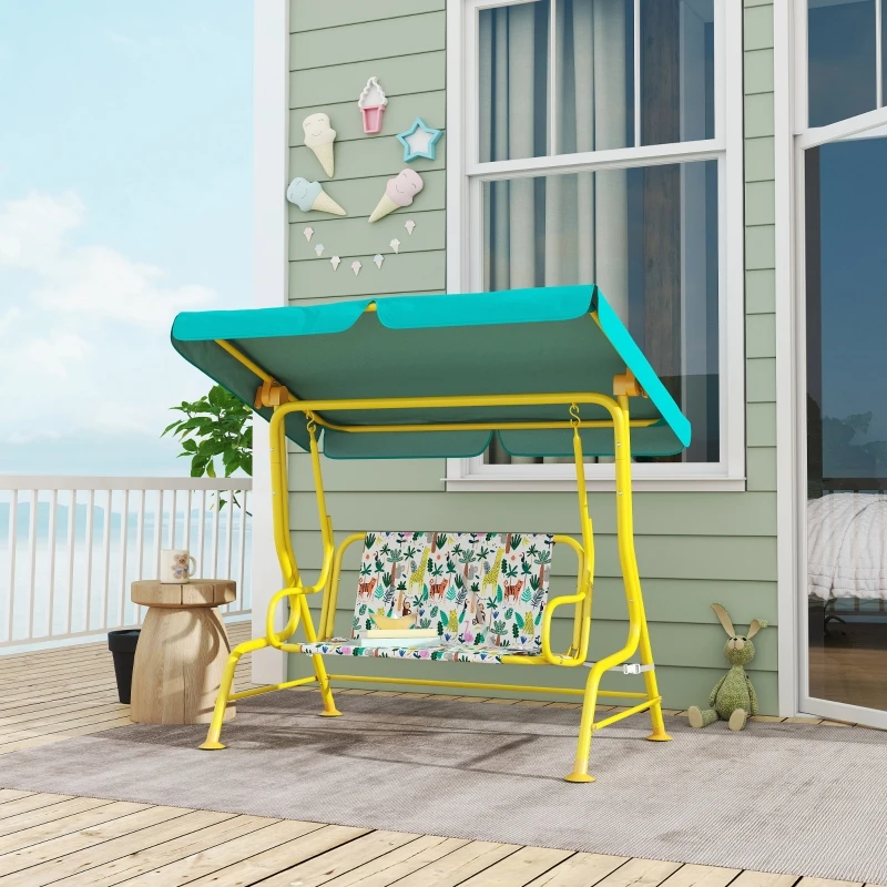 Columpio de jardín para niños de 2 plazas con toldo ajustable y cinturón de seguridad, 112x75x120cm, verde, para edades de 3 a 6 años hasta 60kg