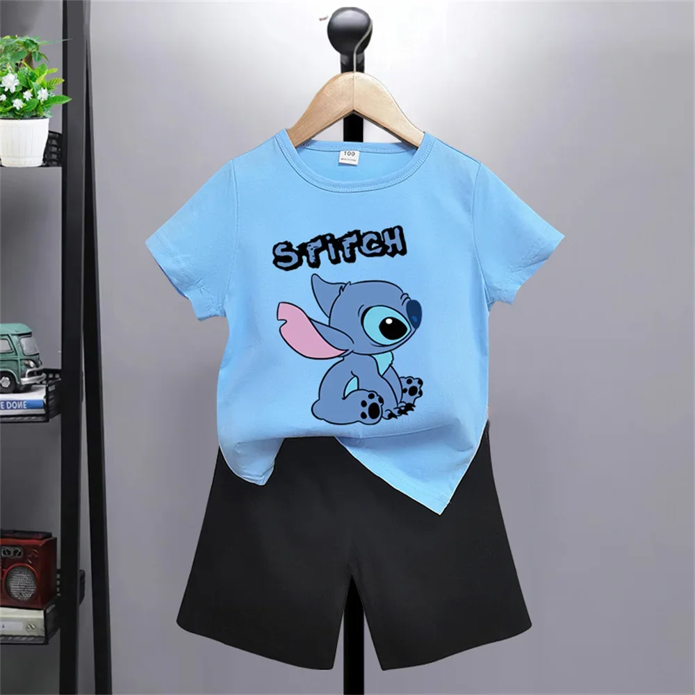 Summer 2024 Cute and Fun Disney Cartoon Boys Girls Printed T-shirt + Shorts Set Top Cotton Short Sleeve Shorts Gift