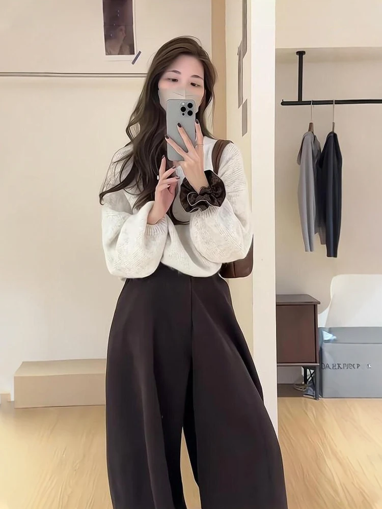 

Early Autumn Fashion Knitted White Top And Casual Pants Set plus Size Women's Simple Style Comfortable Lightweight Ensemble