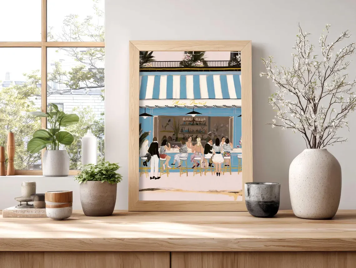 Paris Wall Art Print, Modern Illustrative Parisian Cafe Scene for Living Room Kitchen or Dining Room