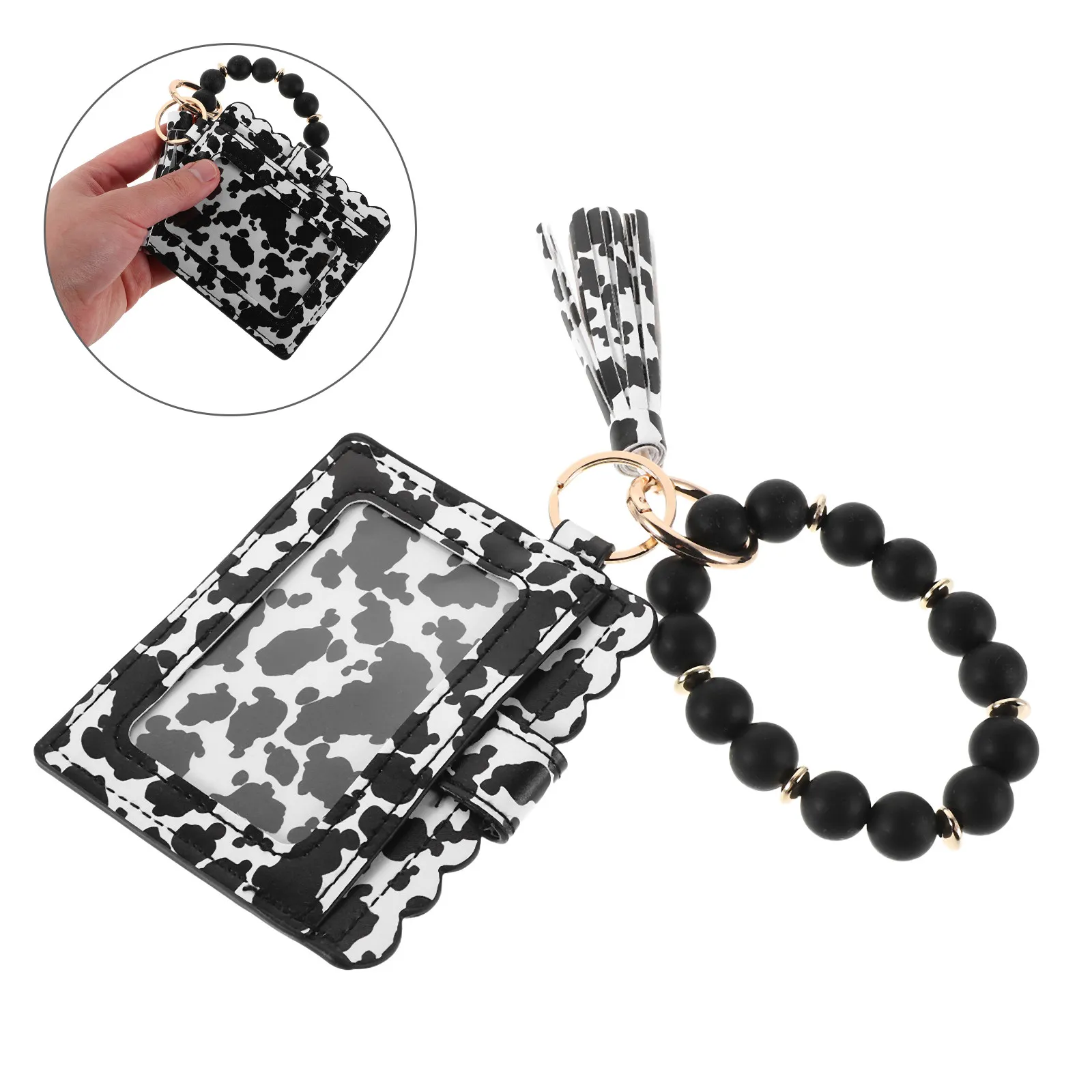 Silicone Beaded Cow Grain Card Holder Coin Purse Keychain Wallet Tassel Lightweight Compact Portable Mini Coin Wallet for Daily