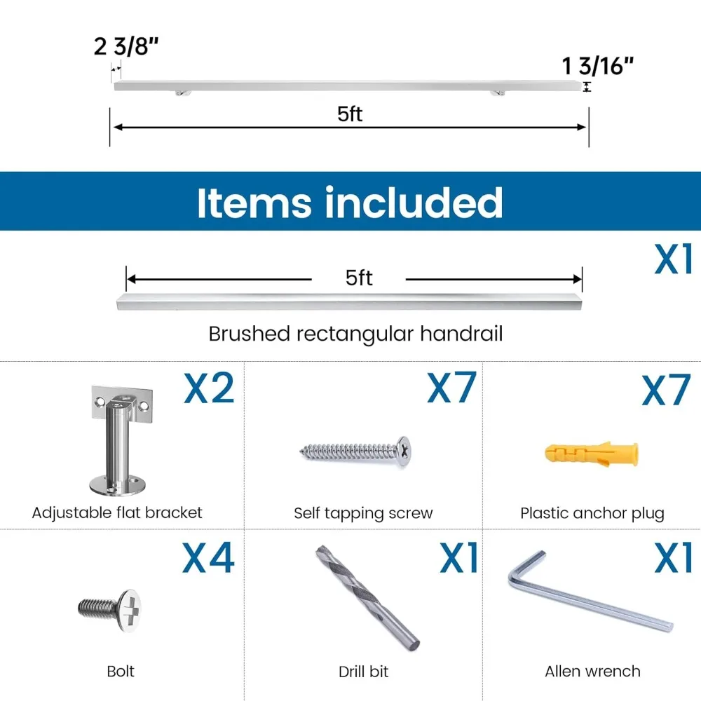 Muzata 5Ft درابزين درج محفور مسبقًا 1x2 درابزين مستطيل مصقول مثبت على الحائط من الفولاذ المقاوم للصدأ قضيب يد آمن داخلي Outd
