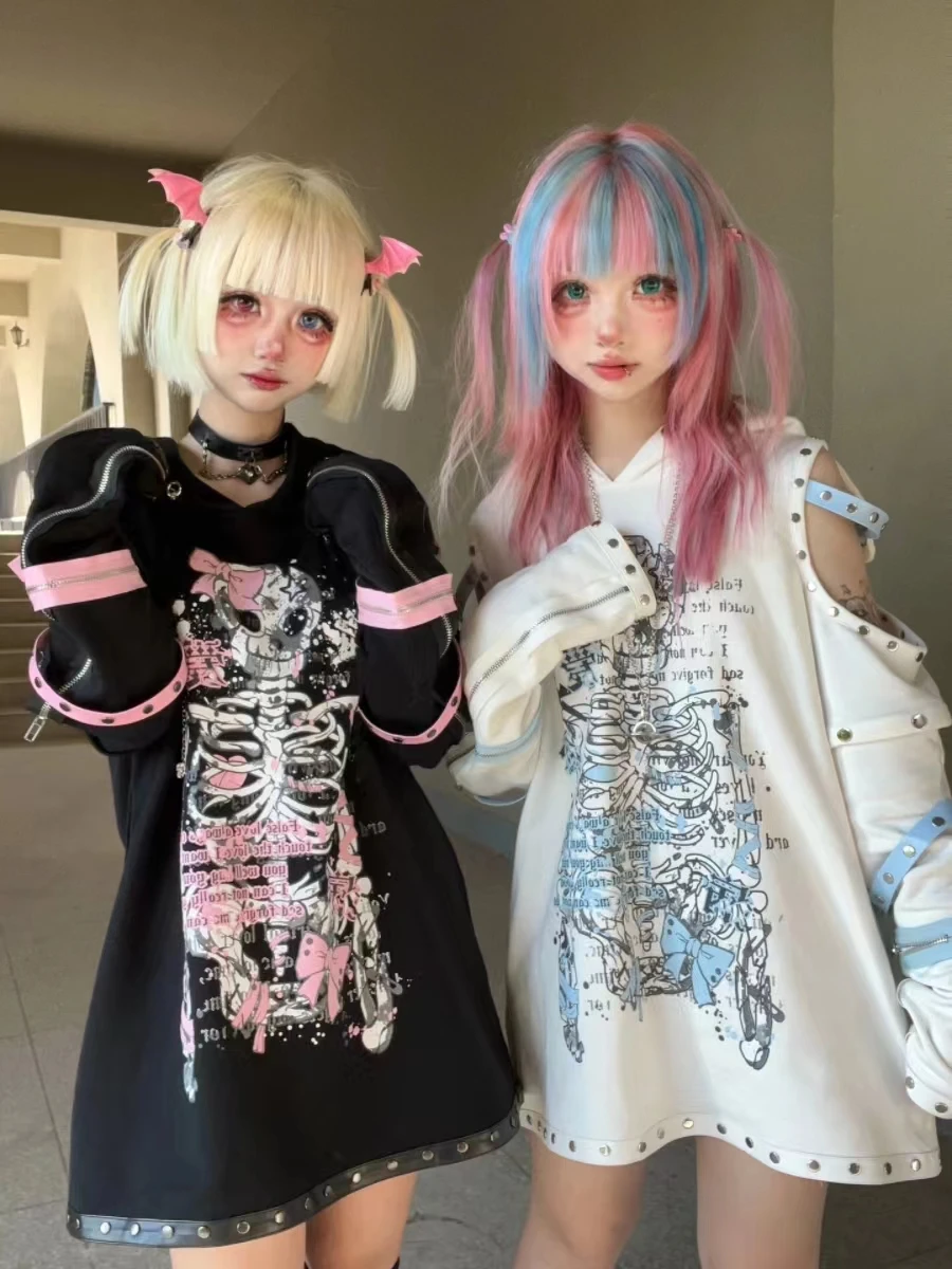 

Spring Autumn Sweet Cool Punk Subculture Loose oulder Bared Patchwork Sve Ear Hoodie Long Sve Girl's Sweatirt