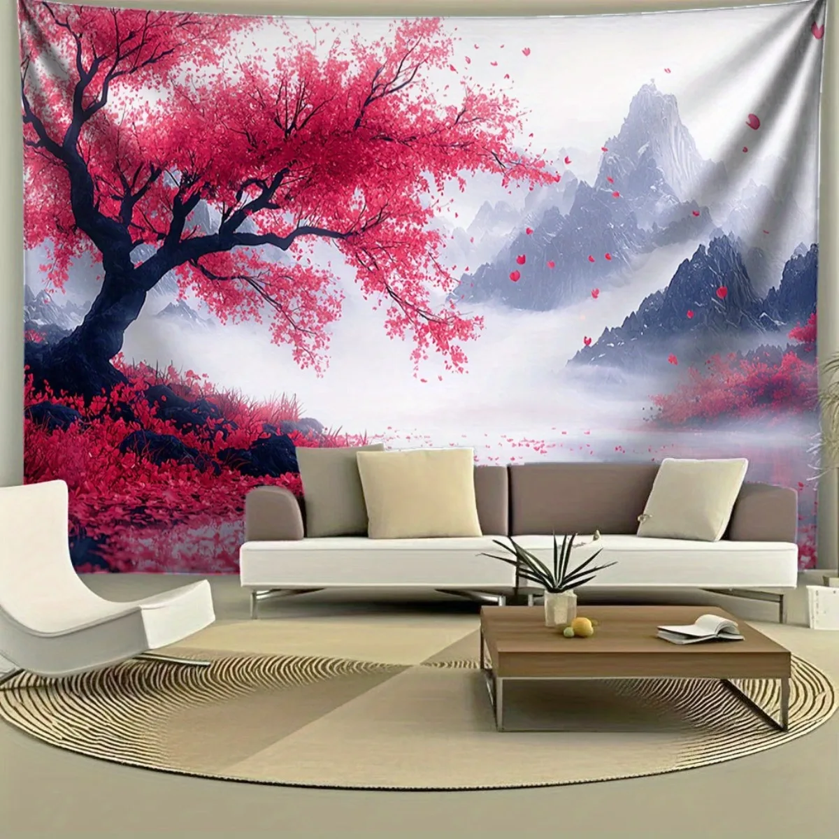 Sakura Tree Tapestry Polyester Wall Hanging Pink Blossoms Misty Mountains Living Room home decor aesthetic