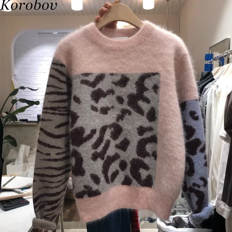 Korobov Harajuku Women Sweaters 2019 New Sueter Mujer Patchwork Mohair Female Sweater Leopard Print O-Neck Pullovers 76408