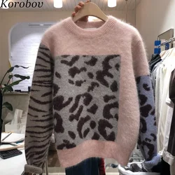 Korobov Harajuku Women Sweaters 2019 New Sueter Mujer Patchwork Mohair Female Sweater Leopard Print O-Neck Pullovers 76408