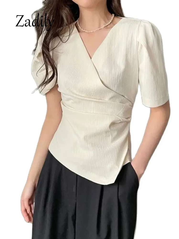 오피스 레이디 반팔 비대칭 블라우스 셔츠, 한국 스타일 슬림 단색 여성 상의, 직장 여성 의류, 2024 여름