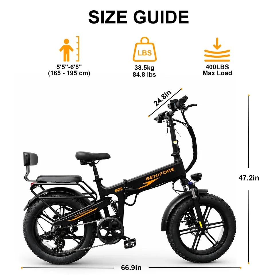 Benifore X1T PRO Fold E Bike 1500W Peak Motor 48V20Ah Battery Fat Tire Electric Bike Full Suspension 65 Miles Range 400 lbs Payload image 5