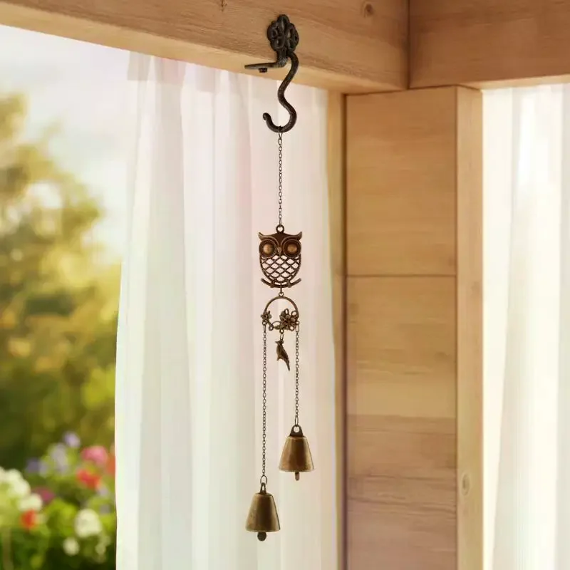 Forest-style Metal Owl Double Bell Wind Chime Entryway Door Decoration Christmas And Thanksgiving Gift