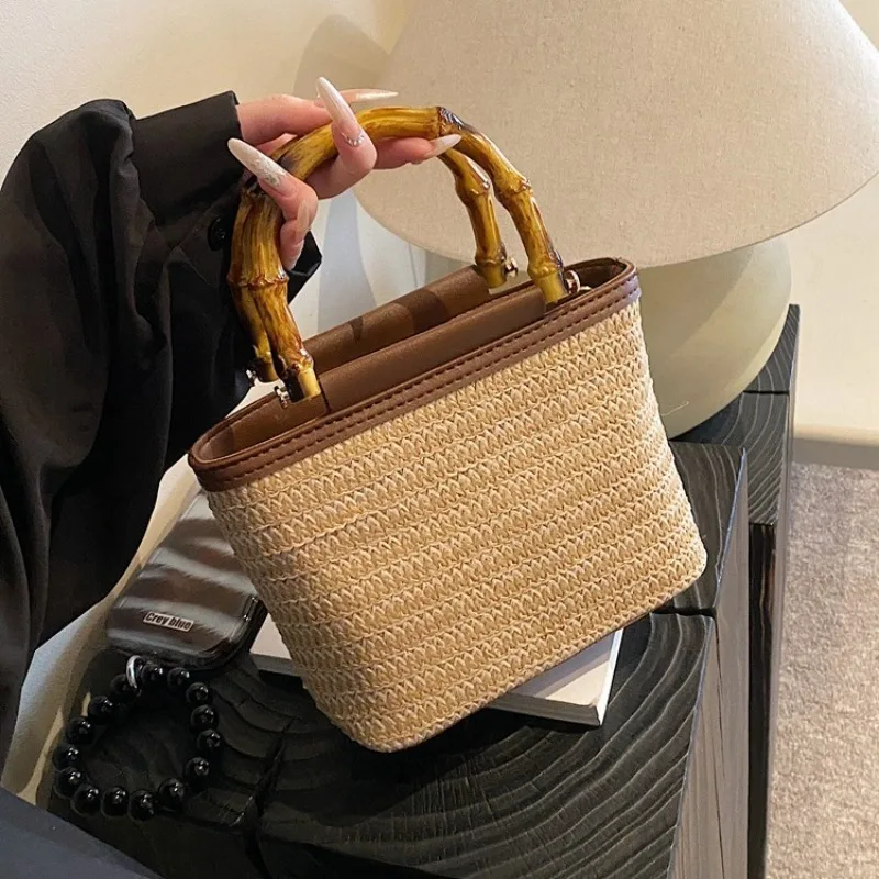 Summer Tote Straw Bucket Shoulder Crossbody Bag for Women 2024 New Designer Top Handle Square Bag Female Handbags Ladies Beach