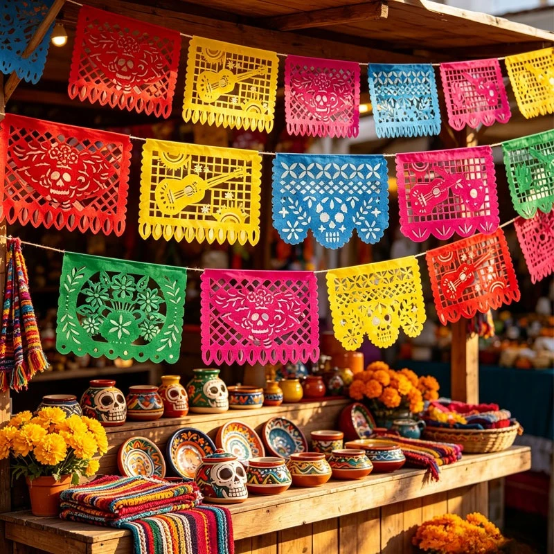 1-3Sets Square Felt Banner Colorful Papel Picado Decoration for Mexican Party Dia De Los Muertos Carnival Cinco De Mayo