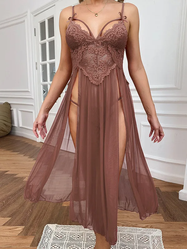 ชุดนอนผ่าข้างผ้าลูกไม้คอวีตาข่ายเซ็กซี่ขนาดใหญ่สำหรับผู้หญิงชุดนอนแฟชั่นหรูหราเสื้อผ้ากุลสตรีเซ็กซี่เกาหลีเสื้อ S7XO ชุดมินิเดรส