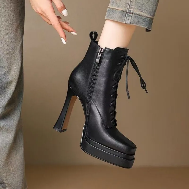 

Women Punk Style Lace-Up Ankle Boots Belt Buckle Platform High Heels Short Boot Female White Autumn Winter Round Toe Shoes 2025