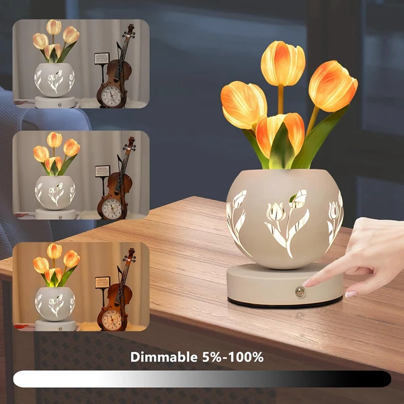 Tulip Night Light  Artificial Flower Desk Lamp With Cut-Out Vase USB Charging 3 Color Stepless Dimming Up Cute Table Lamp