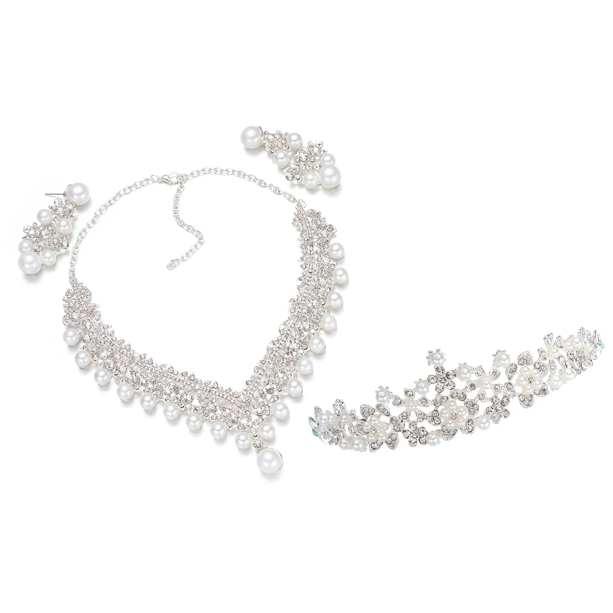 

Wedding Pearl Crown Tiara Necklace Earrings Bridal Rhinestone Crystal Jewelry Set Elegant Sparkling Accessory for Engagements