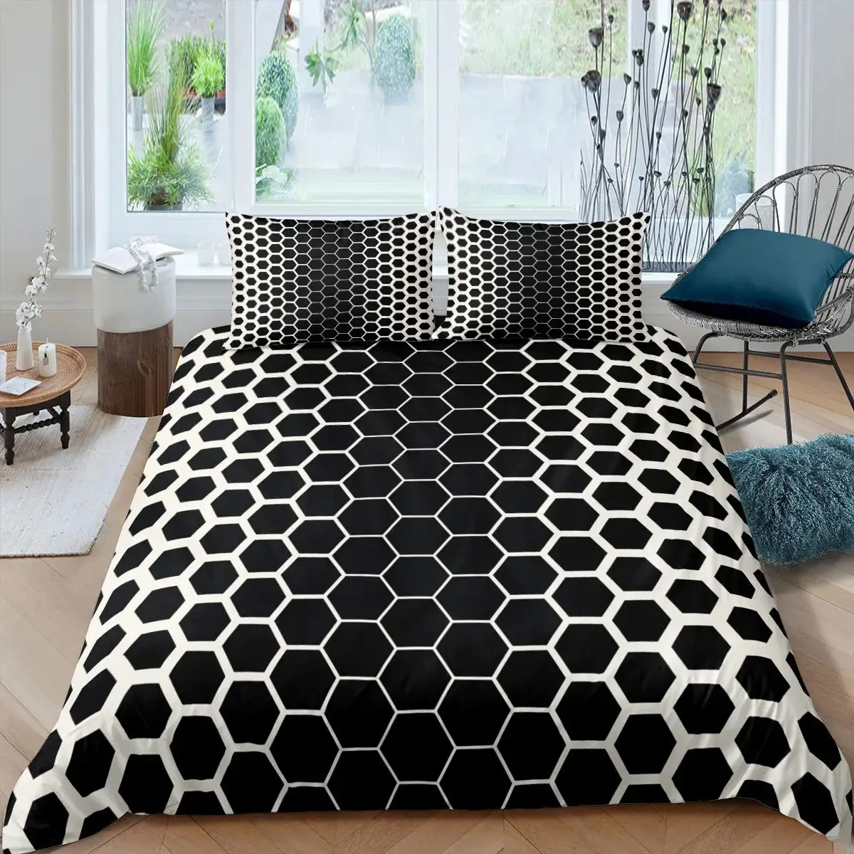Honeycomb Duvet Cover Hexagon Comforter Cover Geometric Beehive Twin Queen Size Bedding Set Modern Abstract Line Art Bed Set