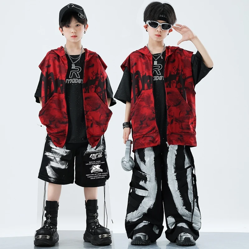 เด็ก Hip Hop Cool หลวมย้อมกางเกง Cargo Boys Street Dance สีแดง Hoodie เด็ก Streetwear วัยรุ่นเครื่องแต่งกายแจ๊สเสื้อผ้าชุด XH2908