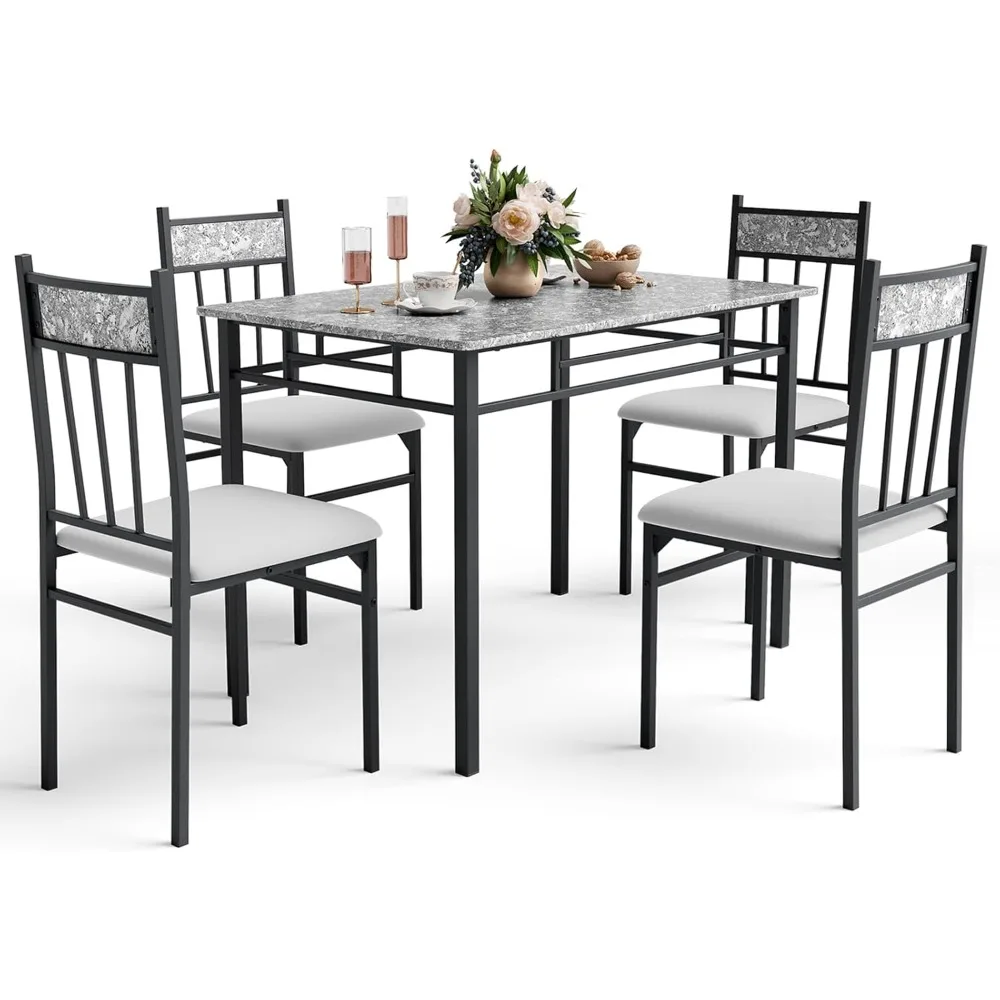 5 Piece Dining Table Set for 4, Faux Marble Kitchen Table and Chairs Set of 4, Vintage Rectangular Dining Room Table with