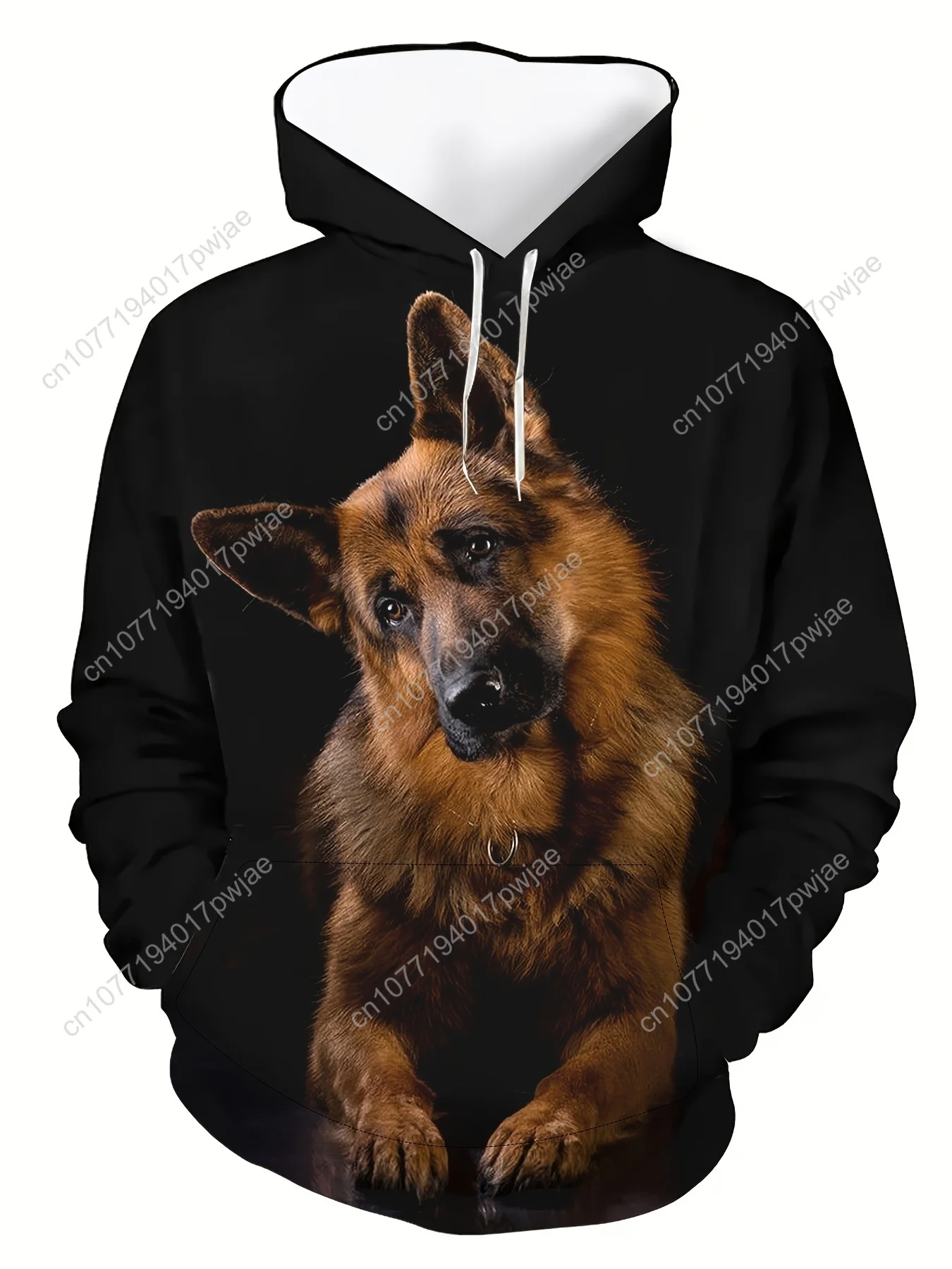 Moletom com capuz masculino com estampa de pastor alemão 3D / pulôver aconchegante de manga comprida com bolso canguru / poliéster para primavera e outono / casual St