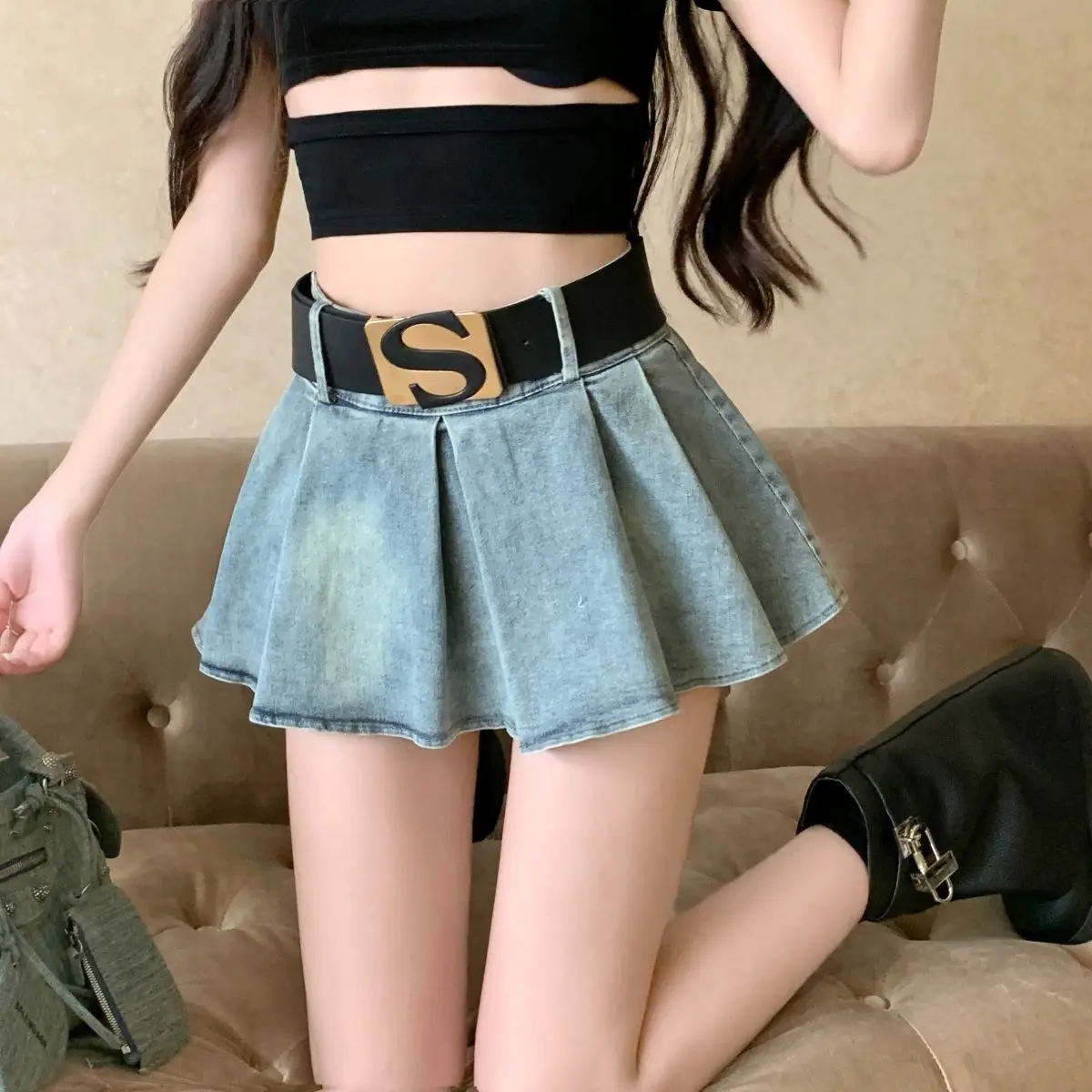 Jean Skirt Blue Vintage Y2k Ruffled Pleated Denim Mini Skirt High Rise Female Short Bottoms 2024 New