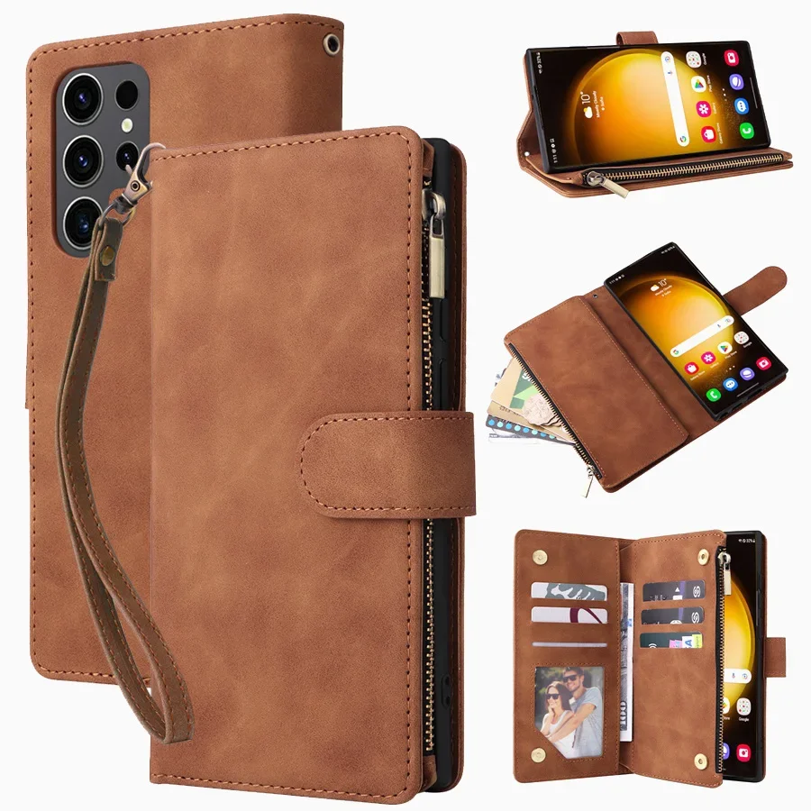 

Zipper Wallet Case for Samsung Galaxy S25 S24 Ultra S24 Plus S23 FE S23Ultra S22 S21 S20 Double Layer 9 Card Slots Flip Cover
