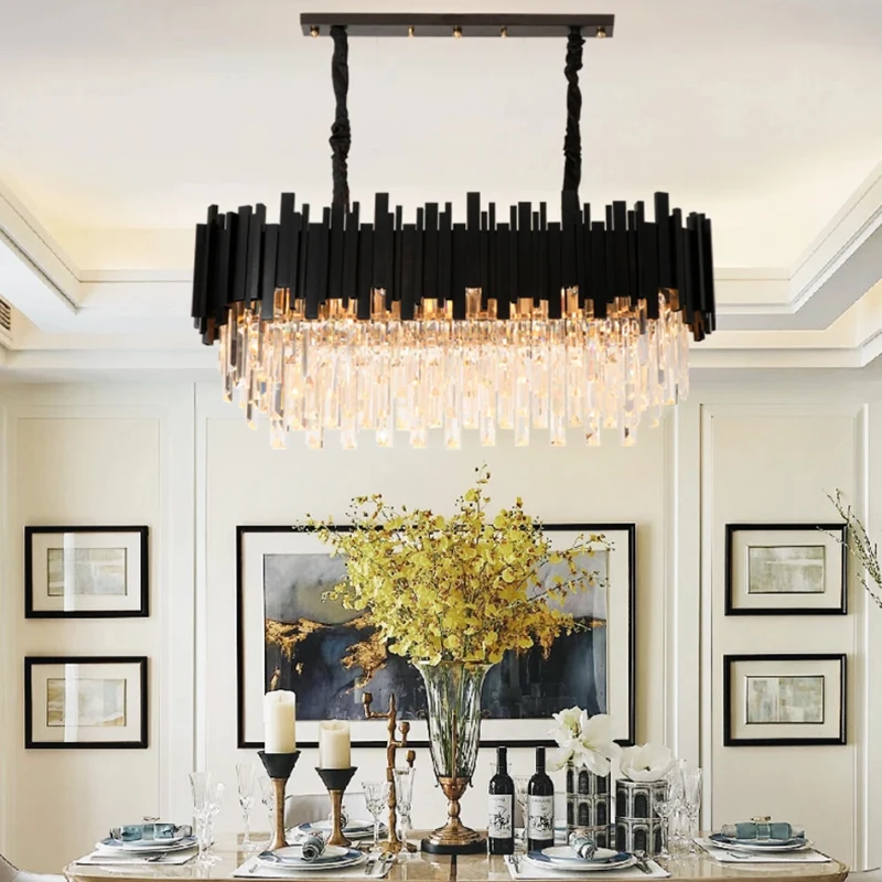 

Nordic Black Rectangular Crystal LED Chandelier, lustre Creative design Glass Ceiling dimmable Suitable for Kitchen island