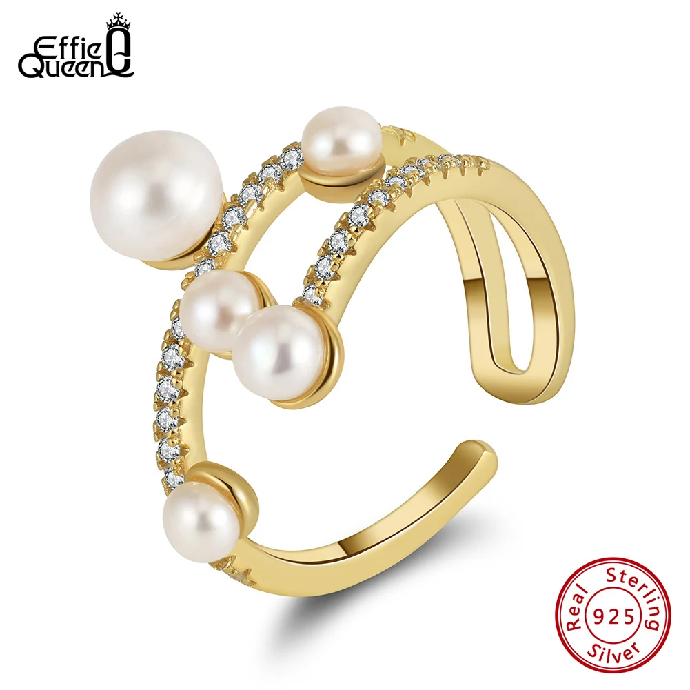 

Effie Queen Adjustable 925 Sterling Silver Women's Rings Natural Pearl& AAAA Zircon Open Finger Rings for Women Jewelry GPR18