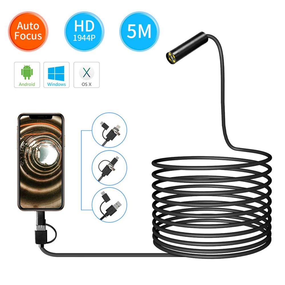 Auto Focus HD1944P Endoscope for Cars Android Phone Type c 5MP Mini Sewer Inspection Camera 12mm Endoscopy Usb Borescope