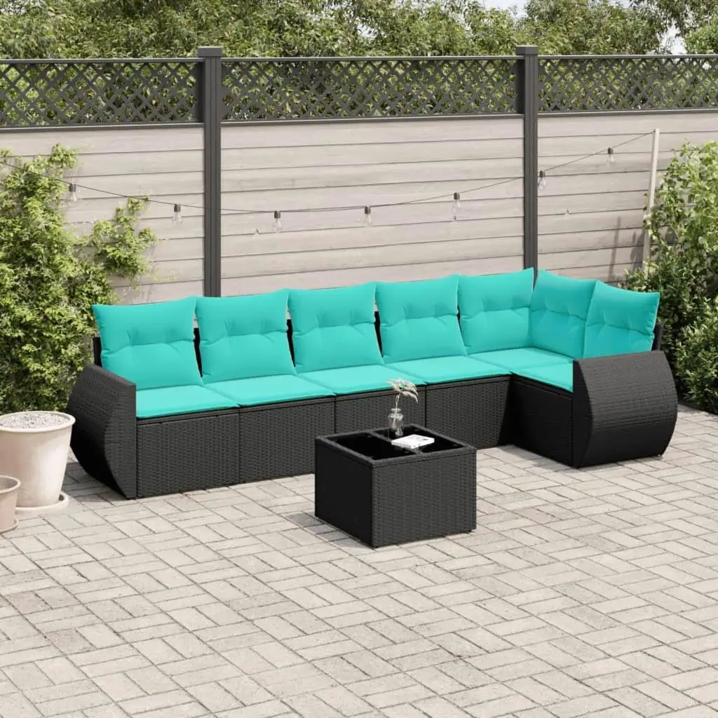 

7 Piece Black Poly Rattan Patio Sofa Set with Cushions Outdoor Furniture Garden Seating