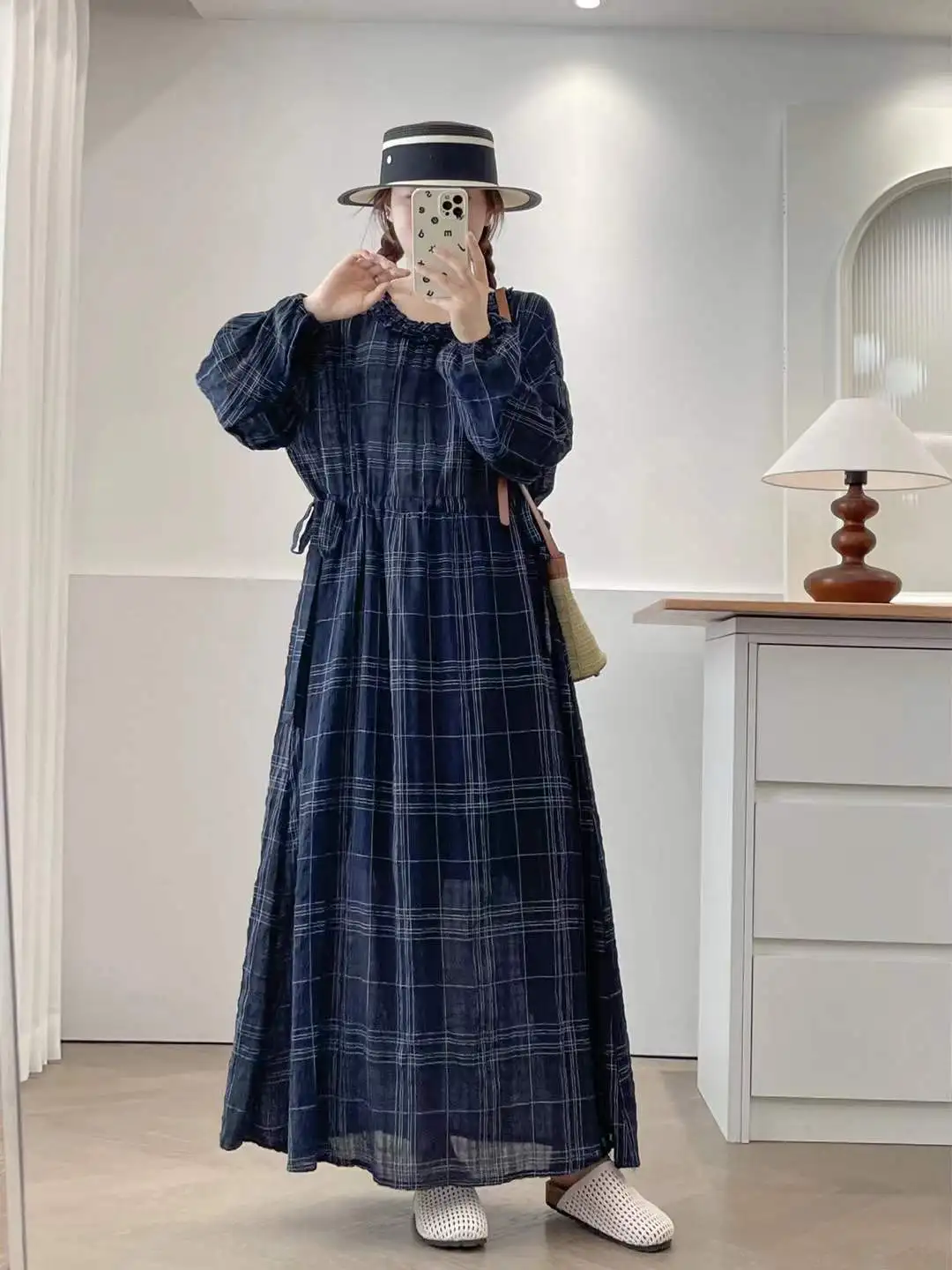 [즉시 배송] 고품질 여성용 100% 면 블라우스 셔츠 체크무늬 드레스 루즈핏 대형 사이즈 긴팔 여성용 롱 드레스
