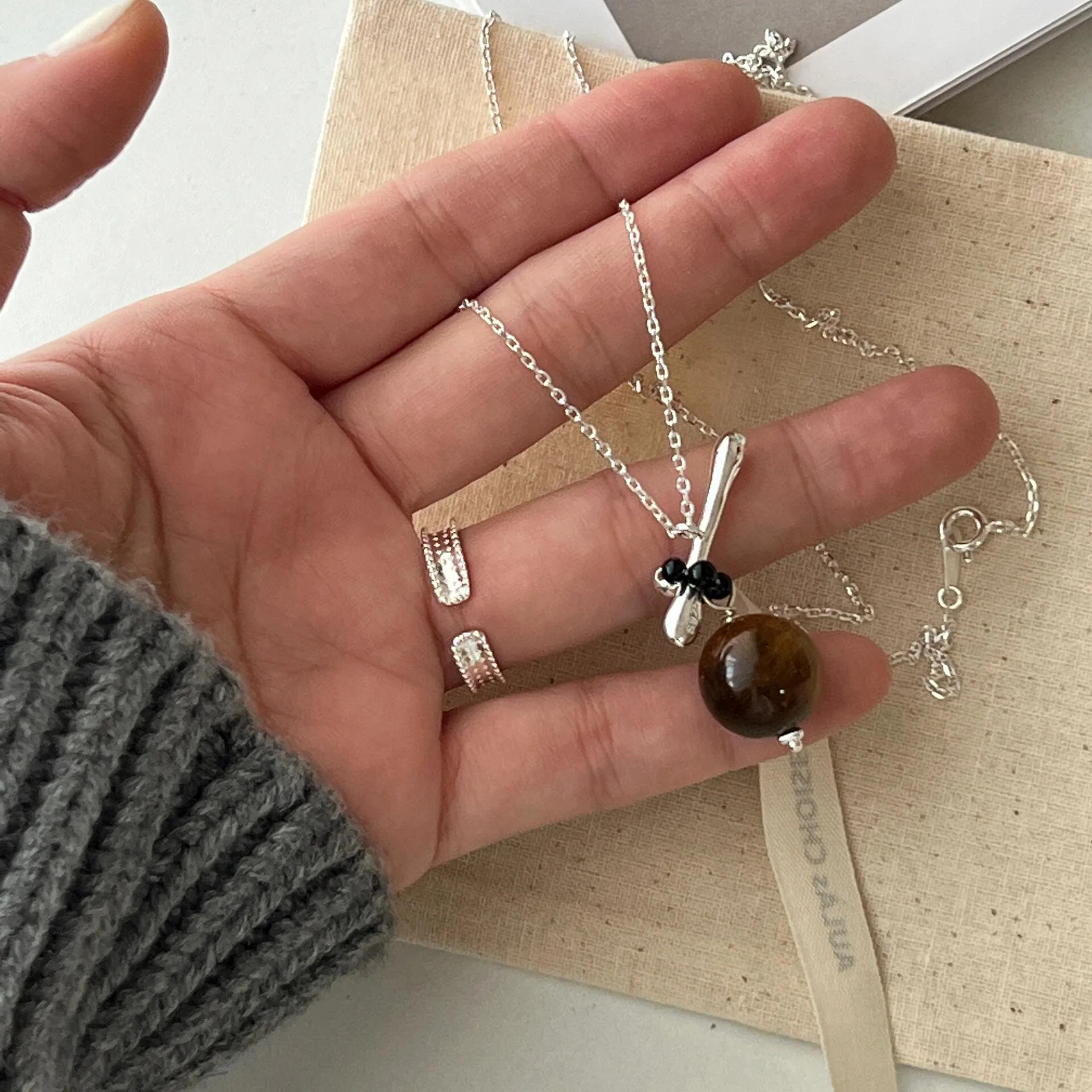 

CHOZON S925 твердое серебро тигровый глаз длинный кулон ожерелье французская осень оптовая продажа изящные многослойные украшения для женщин