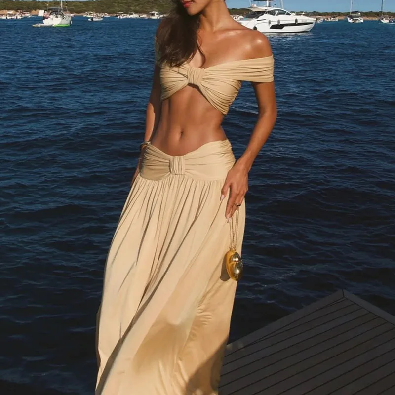 

Elegant Sleeveless Slim Women's Vacation Outfit Summer High Waist Long Skirts Set Tube Tops Hollow Out Crop Tops&Half Skirts Set