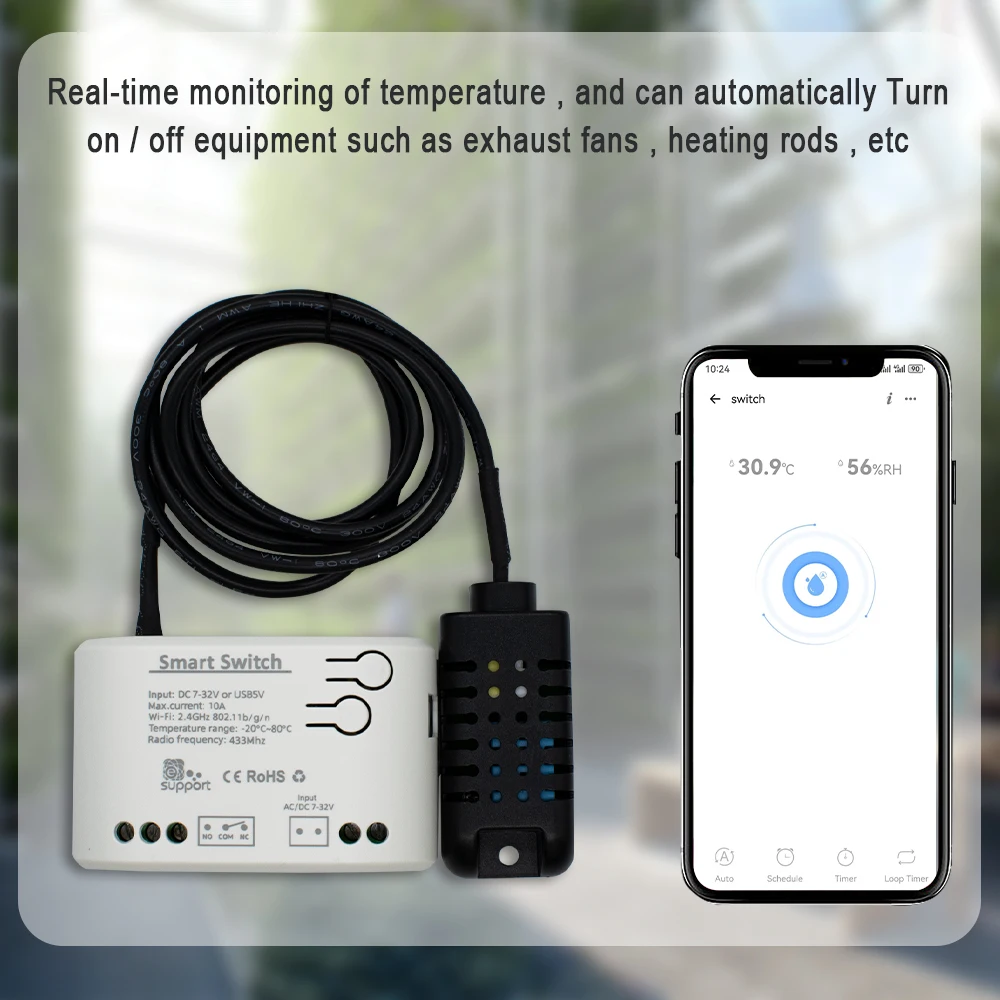 EWELINK Wifi مفتاح درجة الحرارة والرطوبة الذكي مع مستشعر 1 متر 10A مفتاح الاتصال الجاف السلبي Ewelink يدعم التحكم الصوتي