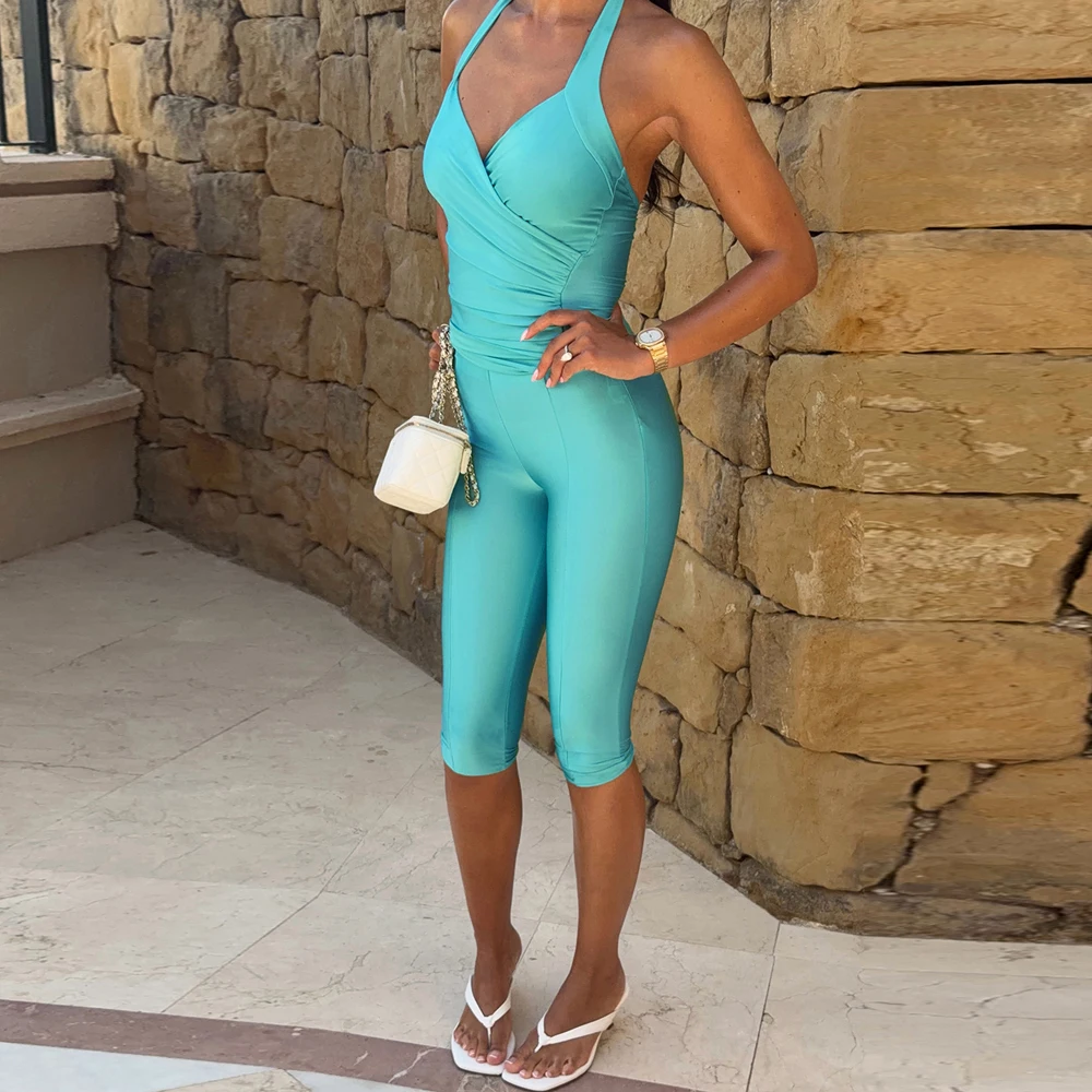 Damen Neckholder V-Ausschnitt Wickel-Capri-Jumpsuit Ärmellos Gerafft Hochelastischer Bodycon-Jumpsuit Einfarbig Sommer Party Clubwear Romper – Detail 4