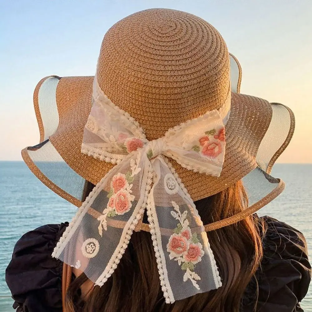 Sombrero informal para el sol para mujer, protección UV dulce, sombrilla para vacaciones en la playa, sombrero de playa de viaje con lazo de encaje, verano